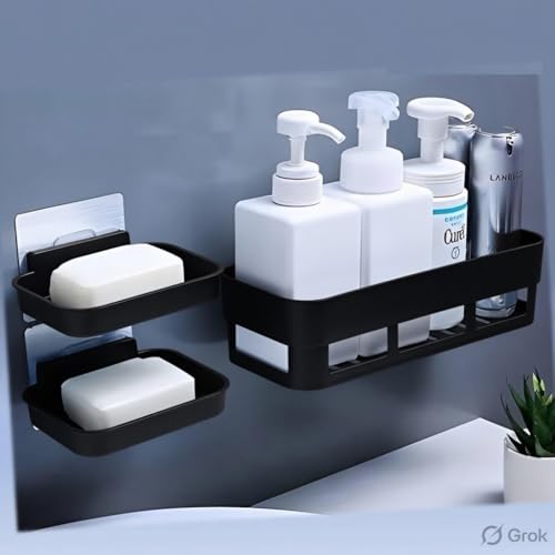 Wall Mounted Bathroom Shelf Organizer, No Drill Adhesive Storage ...