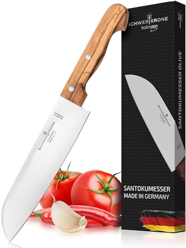 Schwertkrone Couteau Santoku Couteau de Cuisine en Acier Inox et Bois d'Olivier - Excellence et Précision de Solingen