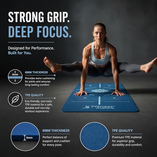 Image of Fitness Mantra TPE Yoga Mat for Women & Men | Anti-Slip Alignment Design | Premium Cushioning Exercise Mat for Yoga, Gym & Workout | Lightweight & Durable | 6mm Thickness |AlignFlow| Ocean Blue|