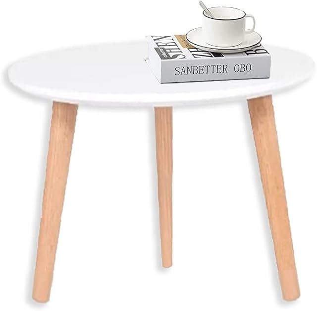 PaMeer Simple Modern Style Round Side Table, Coffee Table, Round Dining Table, End Table, Sleek Design Oak Bedside Table White MDF Tabletop & 3 Sturdy Bamboo Legs_ H40cm x D40cm (White)