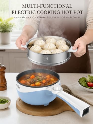 Image of Audecook Electric Hot Pot Mini Electric Skillet Adjustable Power Nonstick | Portable Cooking Pot Multi Ramen Cooker for Noodles, Soup, Steak, Eggs, Oatmeal, Home, Office, Dorm Room, and Travel