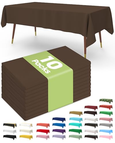 Image of Pureegg Plastic Table Cloth Disposable 10 Pack, 54 x 108 Inch Table Cloths, Party, Thanksgiving Decorations, Harvest, Fall Tablecloths, Rectangle, Plastic Cover, Leakproof & Sturdy, Brown