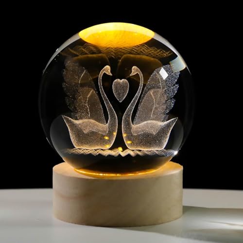 Image of 3D Flamingo Crystal Figurines with Wooden Light Base Gifts, Ball Lamp with Wooden Light Base, Ball Laser Engraved Glass Sphere Home Decor (Flamingo)