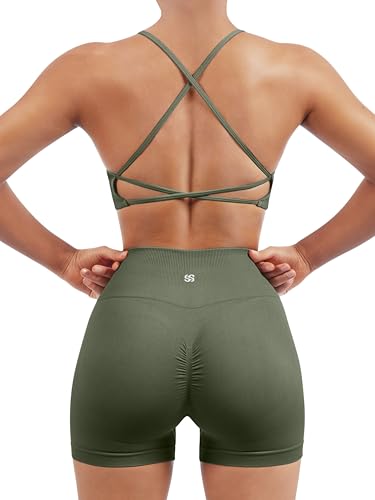 Image of SUUKSESS Women Seamless Workout Sets Strappy Sports Bra High Waist Booty Shorts Outfits