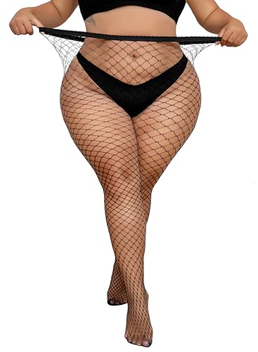 Henwarry Women's Plus Size Mesh Fishnet Stockings Thigh High Waist Black Wide Tights for Weight 100-290 Lbs3