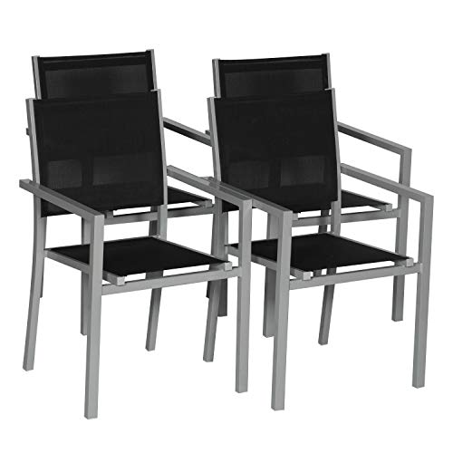 Happy Garden Lot de 4 chaises en Aluminium Gris - textilène Noir