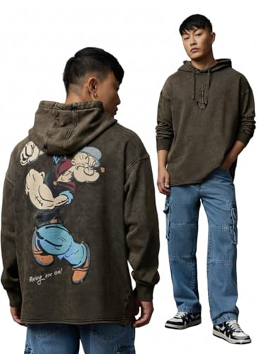 Pull à capuche de qualité supérieure brodé Popeye en coton délavé