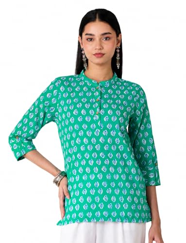 Image of Amazon Brand - Myx Women's Screen Print Straight Printed Regular Cotton Short Kurti (Available in Plus Sizes)