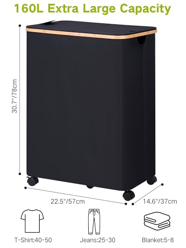 Image of efluky Double Laundry Hamper with Wheels, Divided Laundry Hamper with Removable Bags, 2 Section Dirty Clothes Basket with Handles for Bathroom, Bedroom & Laundry Room, 160L Dark Black