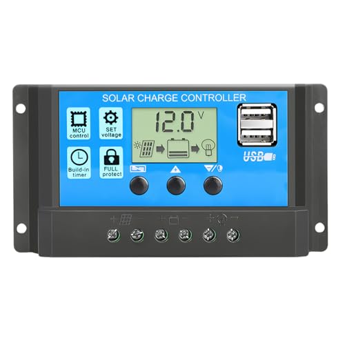 30A Controlador de Carga Solar 12V 24V PWM con USB Dual 5V/2A Actualizado Regulador Solar Portátil con Pantalla LCD Puerto Temporizador Ajustable y Protección Inteligente para Placas Solares