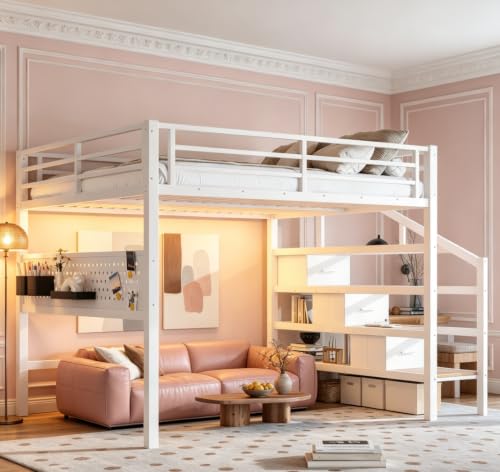 Image of Bellemave Queen loft Bed with Movable Desk and Storage Stairs, Shelves, Metal Loft Beds with LED Lights, USB Ports, Multifunctional Iron Nets for Adults, Kids, Teens, White