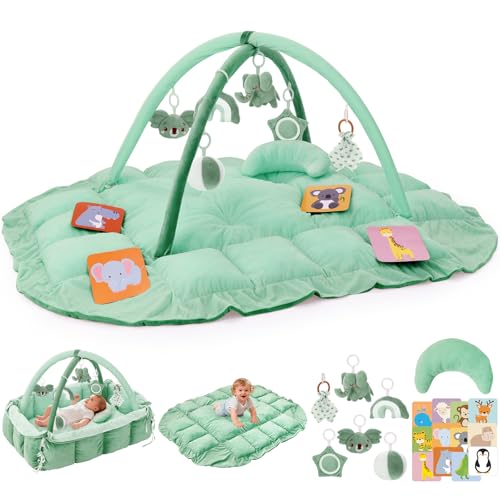 Image of 5-in-1 Plush Baby Play Gym & Activity Mat, Baby Play Mats, Baby Gym with Convertible Design, Tummy Time Mat with Pillow, 6 Sensory Toys, Rectangular Light Blue Green