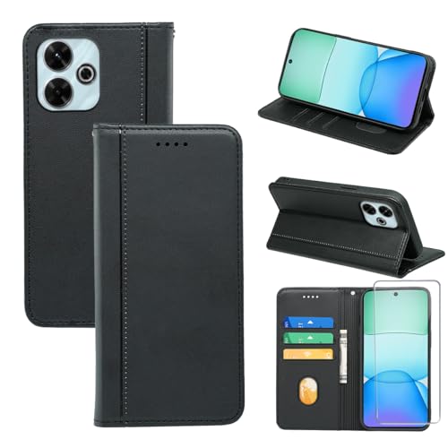 FHSYCR Funda para Xiaomi Redmi 13 4G con 1 Piezas Cristal Templado Protector de Pantalla, Premium PU Cuero Multifuncional Libro Flip Antigolpes Protectora Carcasa para Xiaomi Redmi 13 4G   Negro