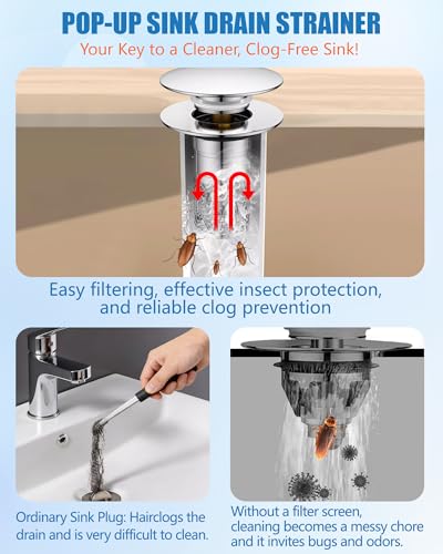 Acual 3-in-1 Pop Up Abflusssieb, 304 Edelstahl Waschbeckenstöpsel mit Sieb Dichtungen, Upgraded Universal Bathroom Metal Drain Plug, Abflussstopfen für Bad, Waschbecken und Küche (32-40mm)