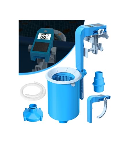 BluSwim Above Ground Pool Skimmer with Solar Digital Thermometer | Wall Mount Surface Skimmer - Auto Skimming Pool Floating Debris | 2 Upgraded Bracket - More Stable & Height Adjustable
