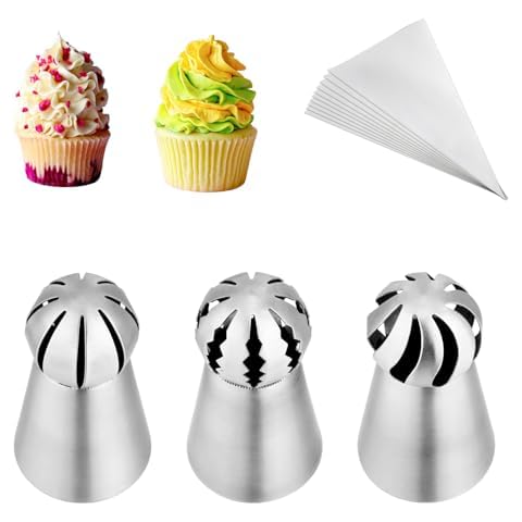 Kasmoire 3Pcs/set Ball Russian Piping Tips,Stainless Steel Russian Piping Tips with 10Pcs Disposable Piping Bags,Cake Icing Nozzles Flower Cake Decorating Tips Kit For Baking Cover