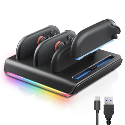 Joycon Charger Dock for Switch 2, 4-in-1 Switch 2 joycon Charging Dock with 8 RGB Lighting Modes, LED Indicators, 5V/2A Fast Magnetic Charging, Circuit Protection, and USB-C Cable (Black)