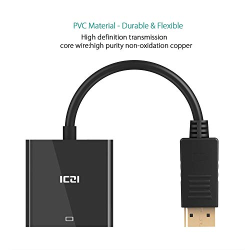ICZI DisplayPort auf VGA 1080P, Unidirektional DisplayPort DP Computor zu VGA Monitor Adapter 1080P (Stecker auf Buchse), kompatibel für Lenovo Dell ASUS
