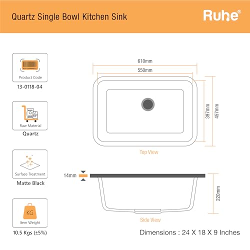 Image of Ruhe Matte Black Quartz Single Bowl Kitchen Sink with Round Corners - 24x18x9 inches | Noise-Reducing & Durable Kitchen Sink | Granite Sink with Coupling, Waste Pipe & Vegetable Washing Basket