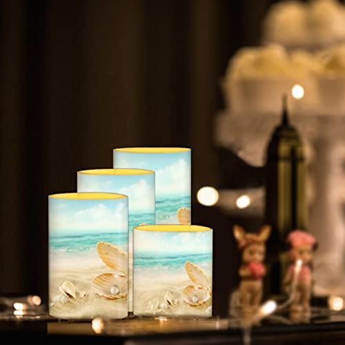 Image of Flameless LED Battery Candles 4PCS Pillar Candles with 18-Key Timer Remote Colorful Light for Party Celebration Decor, Beach Mussel Starfish Seashell