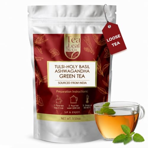 Image of Tealeaf & Co. Tulsi Holy Basil Ashwagandha Green Tea Loose Leaf with Lemon Peel, Lemongrass & Black Pepper - Tulsi Tea with Fresh Herbs and Spices - 50 Servings, Gluten Free (3.52oz /100gm)