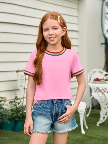 Haloumoning Girls Short Sleeve T Shirts Kids Summer Rainbow Trim Ringer Tees Crewneck Tops 5-14 Years2
