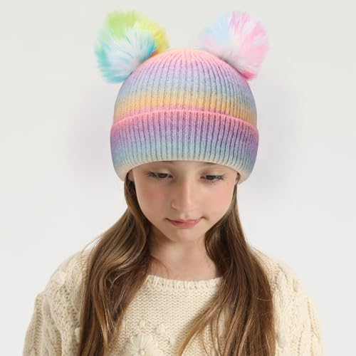 Girls Knit Beanie Hat and Glove Set Tie Dye Rainbow Pom Pom Beanies for Kids Winter Snow Ski Hats Caps 7-12 Years2