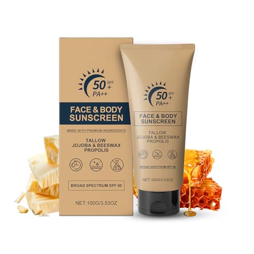 Mineral Tallow Sunscreen SPF50, Beef Tallow Honey Balm Face Sun Cream, Zinc Sunscreen, Natural Skin Barrier Chemical Free, Lightweight, Non Greasy, Refreshing Suncream Sun Protection,100g