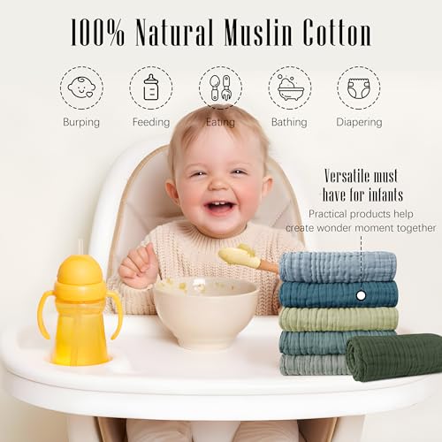 Image of SWEET DOLPHIN 12 Pack Muslin Burp Cloths Large 100% Cotton Burping Clothes for Baby Drool - Absorbent and Soft Boys & Girls Milk Spit Up Rags for Newborn Essentials Registry - Ocean Dip