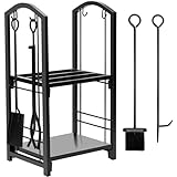 INNO STAGE Firewood Rack Bin Log Holder with Fireplace Tools Set Brush Shovel Poker Tongs for Indoor Outdoor or Backyard Garden Firepit - No Screws are Required for Assembly !