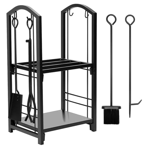 Firewood Rack Bin Log Holder with Fireplace Tools Set Brush Shovel Poker Tongs for Indoor Outdoor or Backyard Garden Firepit - No Screws are Required for Assembly !