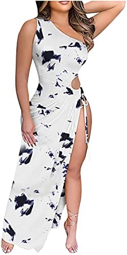 Mzkdieey Women 2023 Summer One Shoulder Evening Dress Ruched Bodycon Short Sleeve Wrap Cocktail Dress Letter Print Prom Dress White