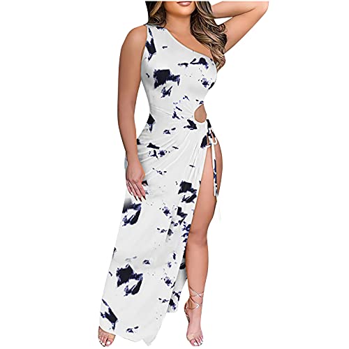 Mzkdieey Women 2023 Summer One Shoulder Evening Dress Ruched Bodycon Short Sleeve Wrap Cocktail Dress Letter Print Prom Dress White #TOP1