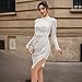 Women Long Sleeve Backless Bodycon Sequin Pearl Cocktail Prom Club Dresses Ruched Corset with Sexy Slit Sparkly Short Party Date Night Dress Silver
