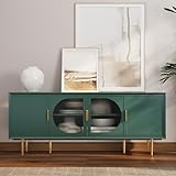 ARTPOWER 66' Modern TV Stand with Glass Door for TVs up to 75 inch, Entertainment Center with Storage Cabinet, Television Console with Gold Leg,Wood TV Media Stands for Bedroom, Living Room,Green