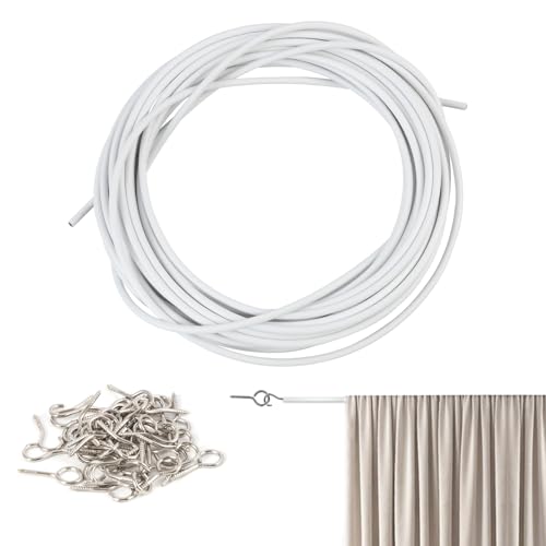 10M Alambre de Cortina, Alambre Recubierto de Plástico y Acero Blanco, Hilo de Alambre para Cortinas, Gusanillo para Cortinas, Curtain Rope, Incluye 25 Ganchos y 25 Ojales de Tornillo ﻿