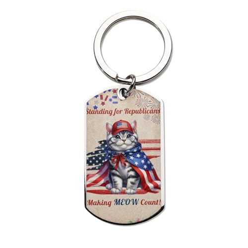 Ninety3POD Republican American Shorthair Making Meow Count Election 2024 Stainless Steel Keychain Cat Lover Kitten Owner Gifts Collar Charm Tag Keyring - 002
