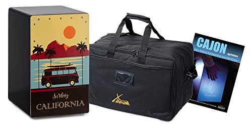 XDrum Design Series Cajon “California” - Cajon de diseño con impresión artística - Puerto de bajo integrado - Cuerpo de HPL - Efecto snare - incl. bolsa y escuela de cajon