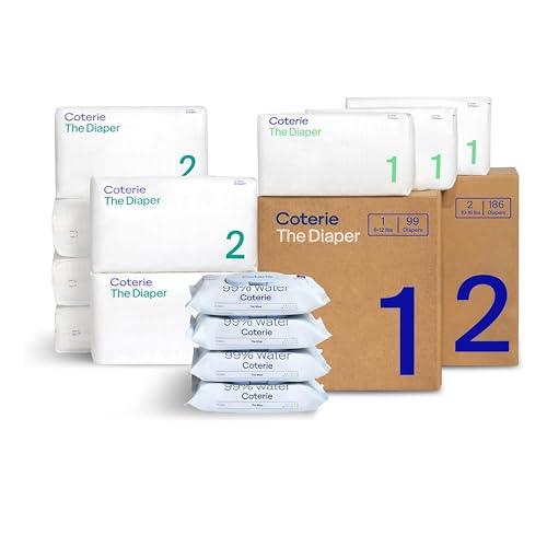 Image of Coterie Baby Wipes + Diapers Kit, Size 1 (99 Count) & Size 2 Diapers (186 Count), 4 Pack (224) Baby Wipes with 99% Water, Plant Based Materials, Hypoallergenic for Sensitive Skin
