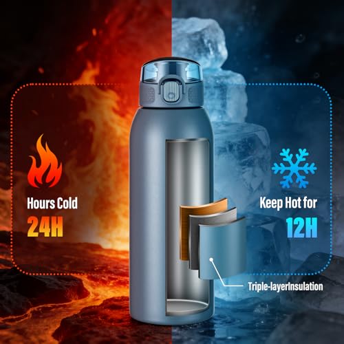 Image of Insulated Water Bottle 24 oz with Dustproof Lid, Carry Handle & Tea Infuser, BPA-Free & Leakproof, Stainless Steel Water Bottles Ideal for Fitness, Hiking, Office & Outdoor Use (Navy Blue)