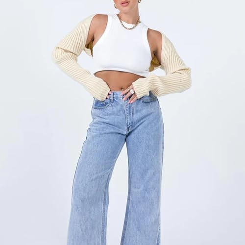 Image of Women Long Sleeve Open Front Ribbed Knit Crop Cardigan Solid Loose Drop Shoulder Shrug Bolero Crop Sweater Top