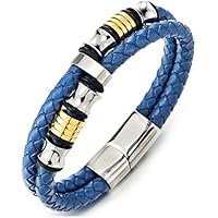 COOLSTEELANDBEYOND Azul Doble Hilera, Pulsera Cuero Trenzado de