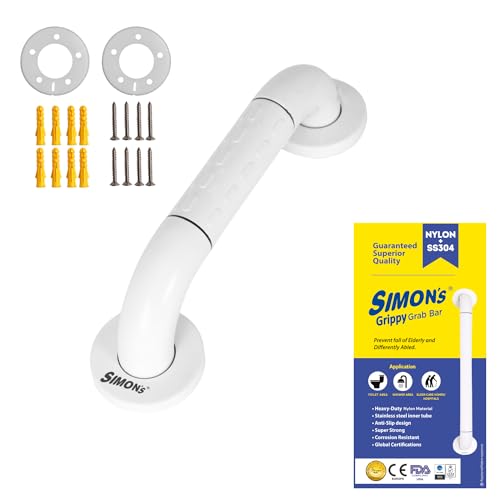 Image of Simon's Grippy Heavy-Duty Nylon and SS304 Inside Bathroom and Toilet Anti Slip Grab bar with for Elderly Hand Railing and Safety Handle| White | 3.5 cm Broad, 30cm Length - Pack of 1