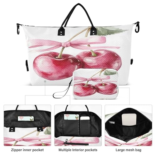 Watercolor Cherry Fruit Travel Duffel Bag Large Capacity Weekender Bag with Toiletry Bag Detachable Shoulder Strap Travel Tote Bag for Women2