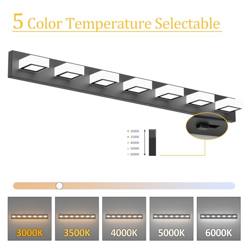Image of Ralbay 46inch Matte Black Vanity Lights 7 Lights Dimmable 5 Color Temperature Acrylic Modern LED Black Vanity Lighting for Bathroom