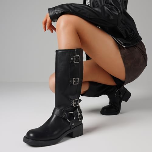 Image of AMINUGAL Knee High Boots Women Square Toe Pull On Wide Calf Riding Fashion Buckles Chunky Metallic Casual Vintage Buckle Rivet