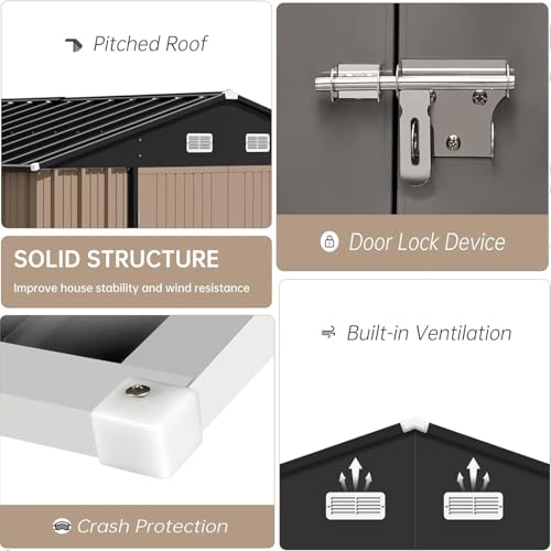10x8 Ft Outdoor Storage Shed, Large Steel Multipurpose Yard Shed, Metal Outdoor Tool Shed with Sloped Roof and Door Lock Design for Organizing Tools & Equipment in Yard, Garden, Brown