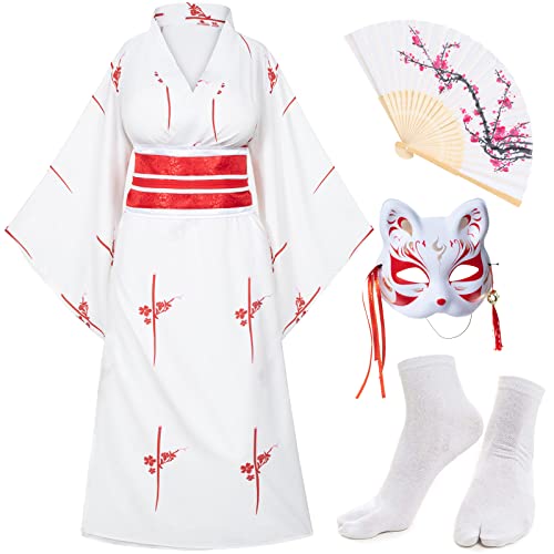 Japanese Anime Women's Kimono Robe Geisha Yukata Sweet Dress Blossom Satin Bathrobe Sleepwear Fans Tabi Socks Set White Sakura