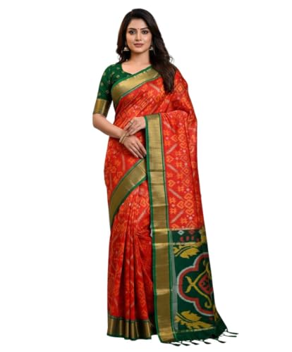 Image of AYYAPPASILK Women's Exclusive Ikkat Silk Saree for Designer Border with Contrast Blouse