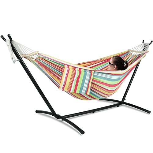 Image of Gafete Double Hammock with Stand for Outside, Upgraded Spreader Bar, Heavy Duty Space Saving Steel Stand 2 Person, Side Pockets, Easy Assembly, 600lbs Weight Capacity, Indoor & Outdoor (Salsa Orange)